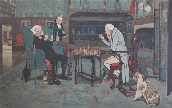 Cecil Aldin (1870-1935) Interiors with gentlemen playing cards and chess
